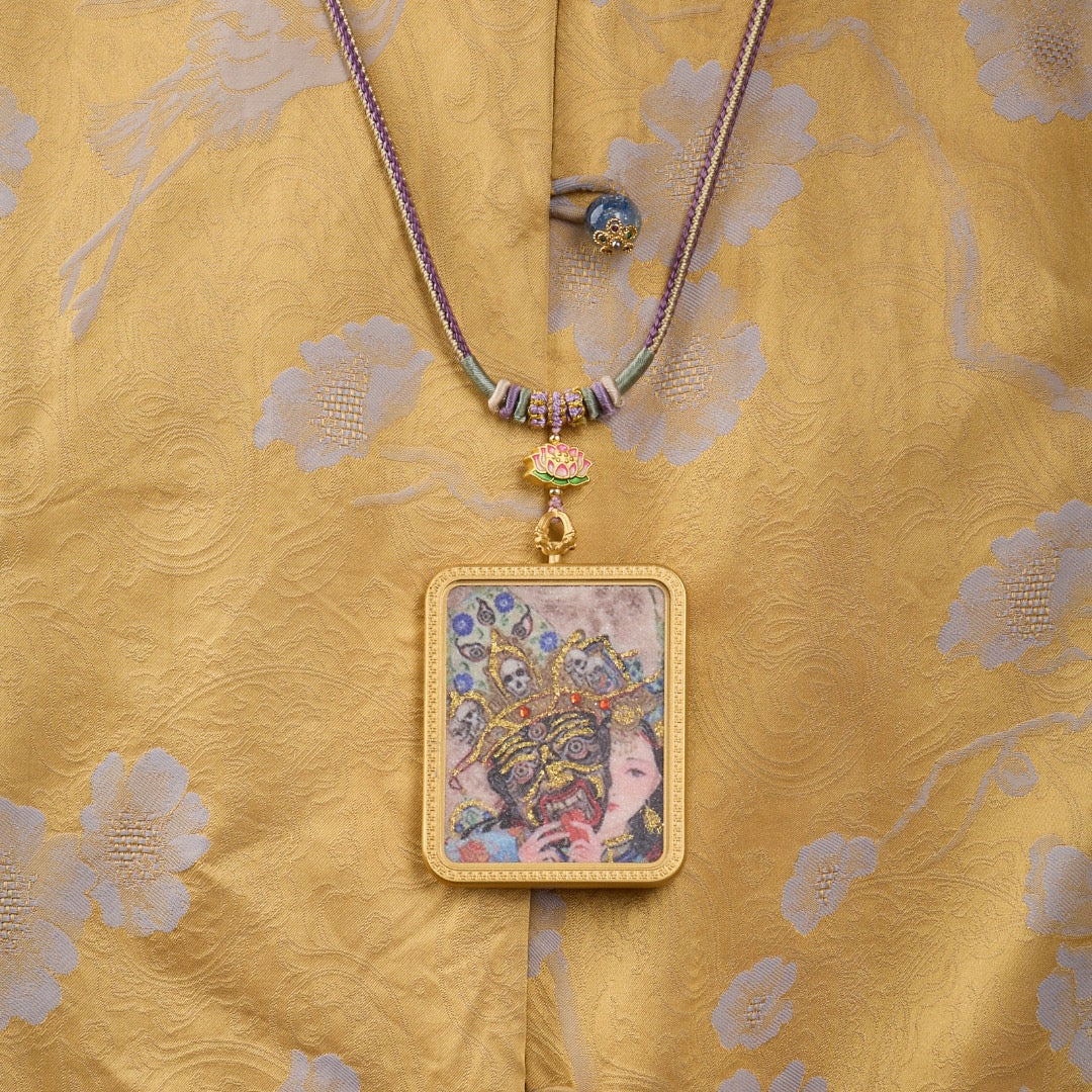 Titanium Frame Gemstone & Mineral Gold-Painted Thangka Necklace with Enamel Lotus (4x5mm, Handmade Cord)