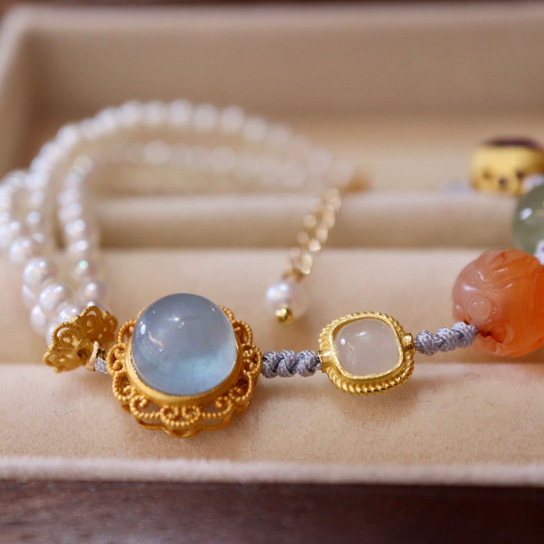 Multi-Gemstone Braided Bracelet | Freshwater Pearl, Aquamarine & Hetian Jade