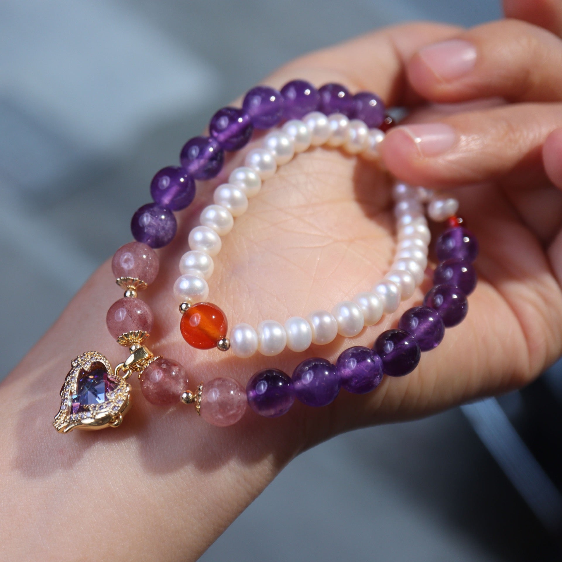 Pearl & Amethyst Double-Layer Bracelet with Ocean Star Pendant | 8mm Beads