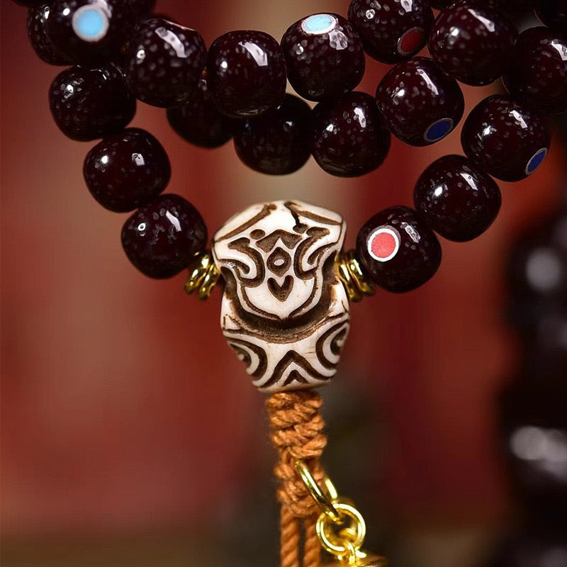 108 Natural Bodhi Mala Beads – Cinnabar Inlaid Star & Moon Beads bracelet necklace
