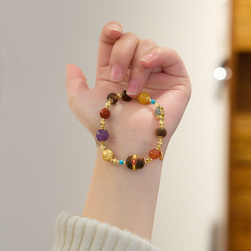 Multi-Gemstone Braided Bracelet | 925 Gold-Plated Silver, Amber, Turquoise & Carnelian