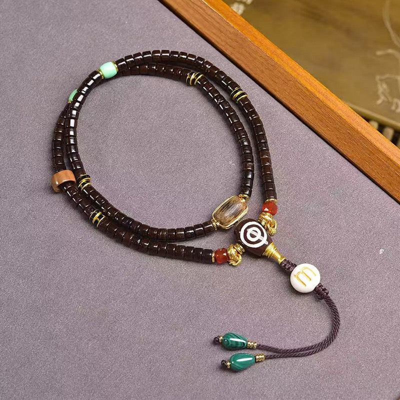 Natural Coconut Barrel Beads Mala – Multi-Layer Bracelet & Necklace with Agarwood, Turquoise & Agate