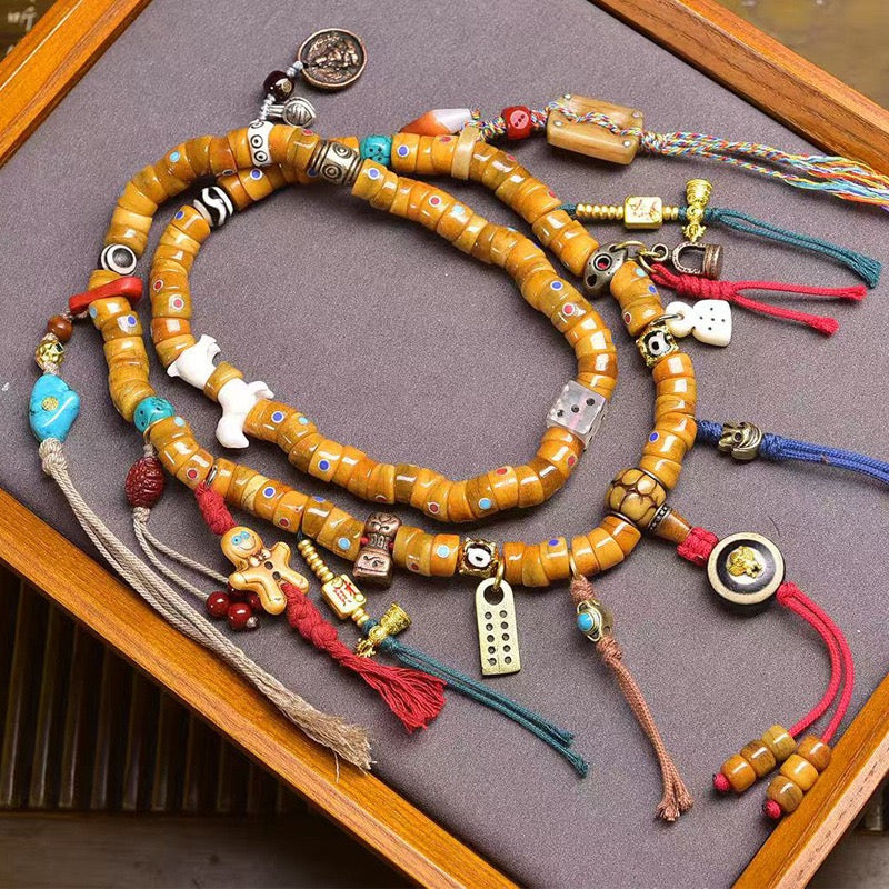 Tibetan Yak Bone Mala – 108 Beads Prayer Necklace with Barrel Beads, Agate & Dzi Beads Accents