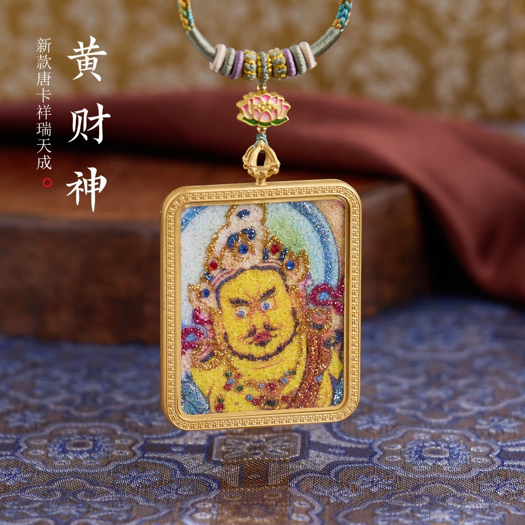 Titanium Frame Gemstone & Mineral Gold-Painted Thangka Necklace with Enamel Lotus (4x5mm, Handmade Cord)