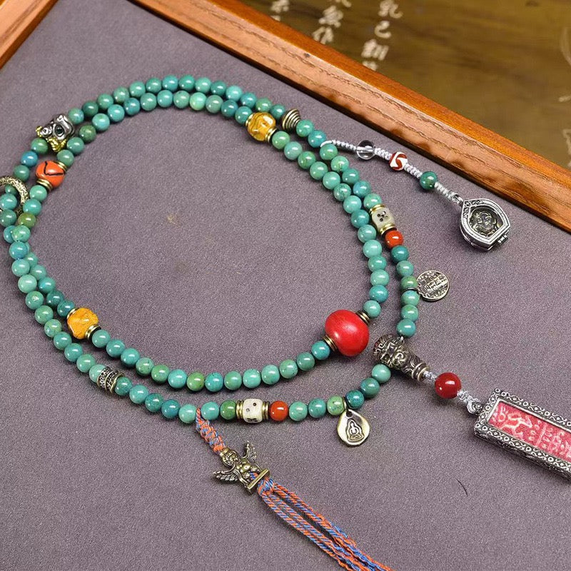 Tibetan Akshobhya Vajra Gau Box Pendant Necklace – Thangka Style with Glass, Copper & Turquoise