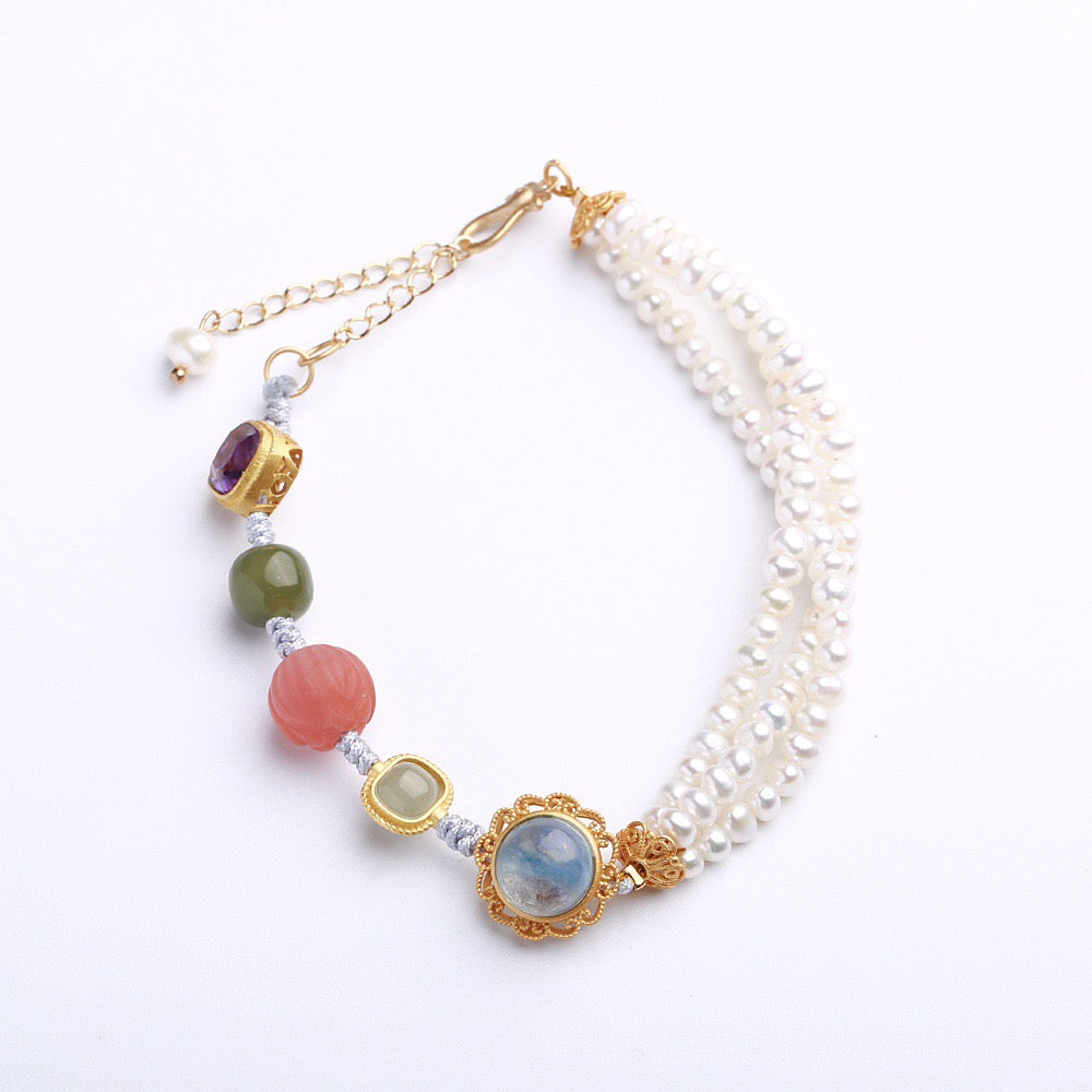 Multi-Gemstone Braided Bracelet | Freshwater Pearl, Aquamarine & Hetian Jade