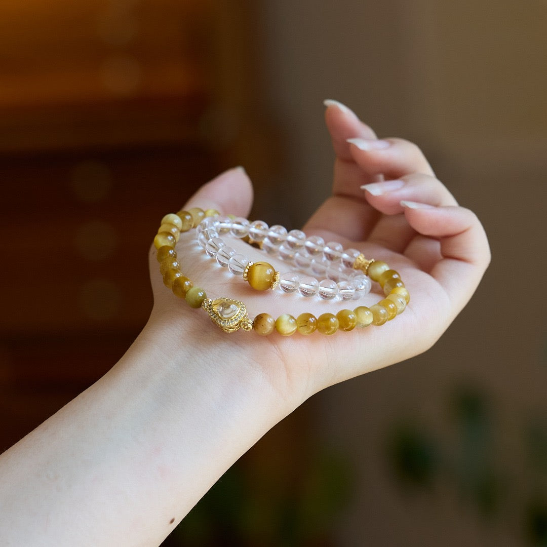 6mm White Crystal & Tiger Eye Double-Layer Bracelet | Gourd or Faceted Citrine Design