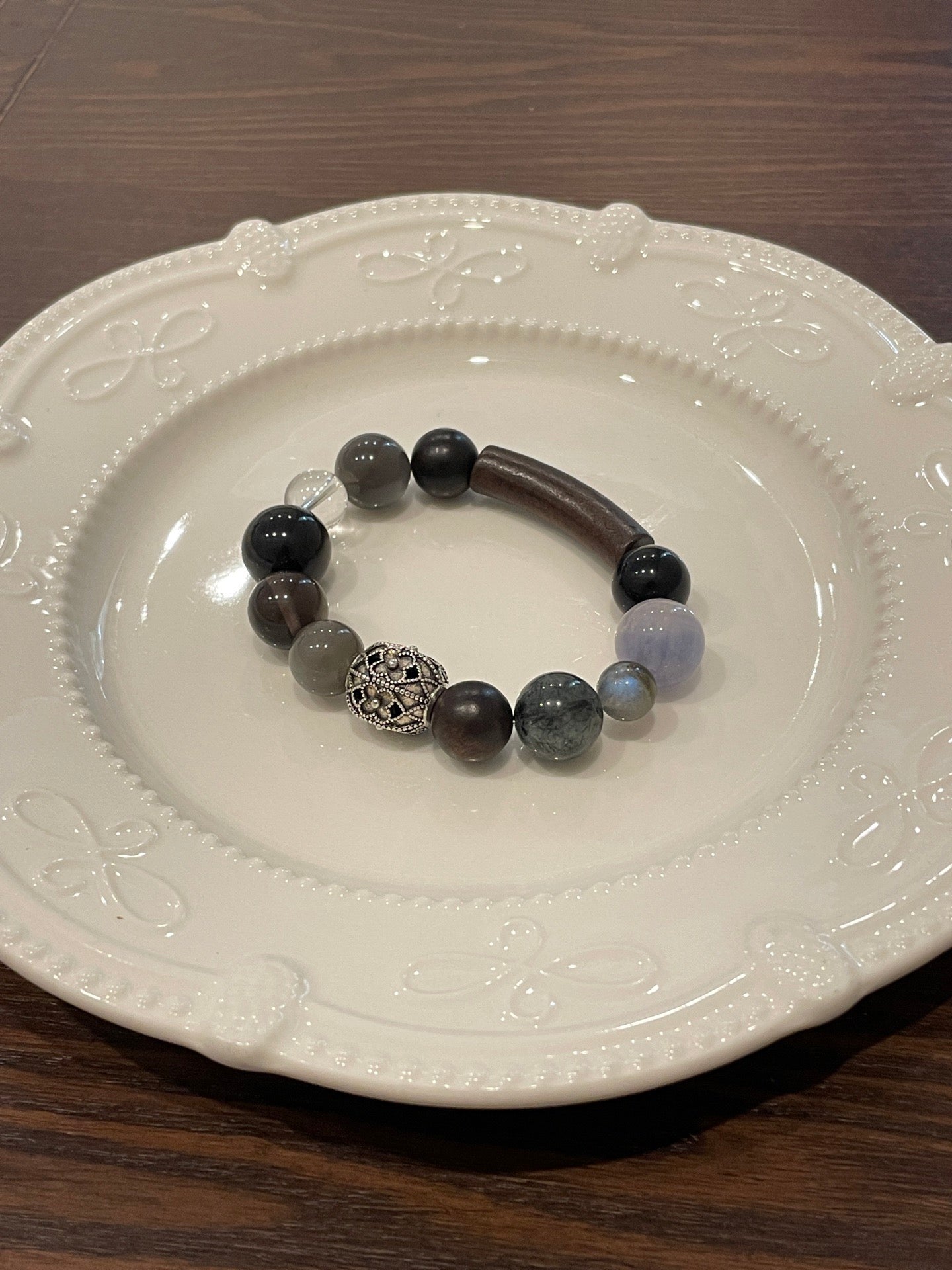 Moonlit Woods Crystal Bracelet | Sandalwood, Moonstone, Black Rutilated Quartz, Obsidian, Fluorite & Clear Quartz | 8–14mm