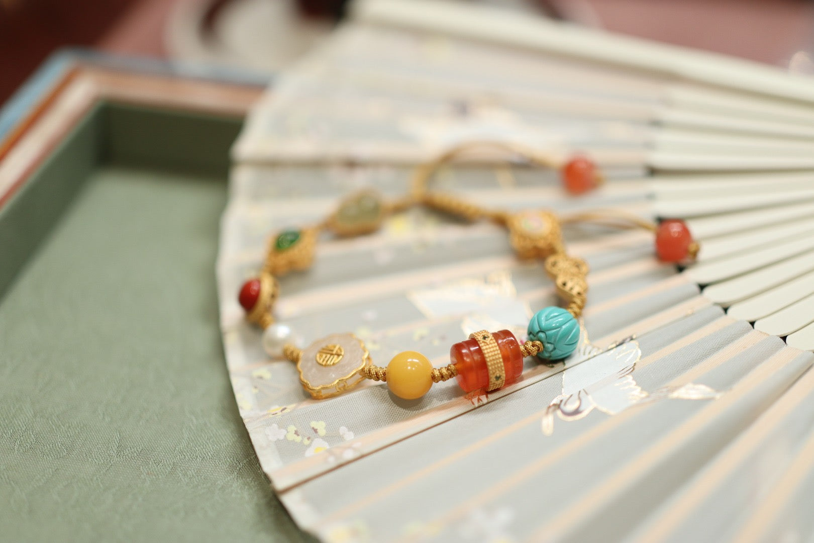 Multi-Gemstone Woven Bracelet | Baoshan Ice Red Agate, Jade, Pearl & Amber with 925 Silver Charms