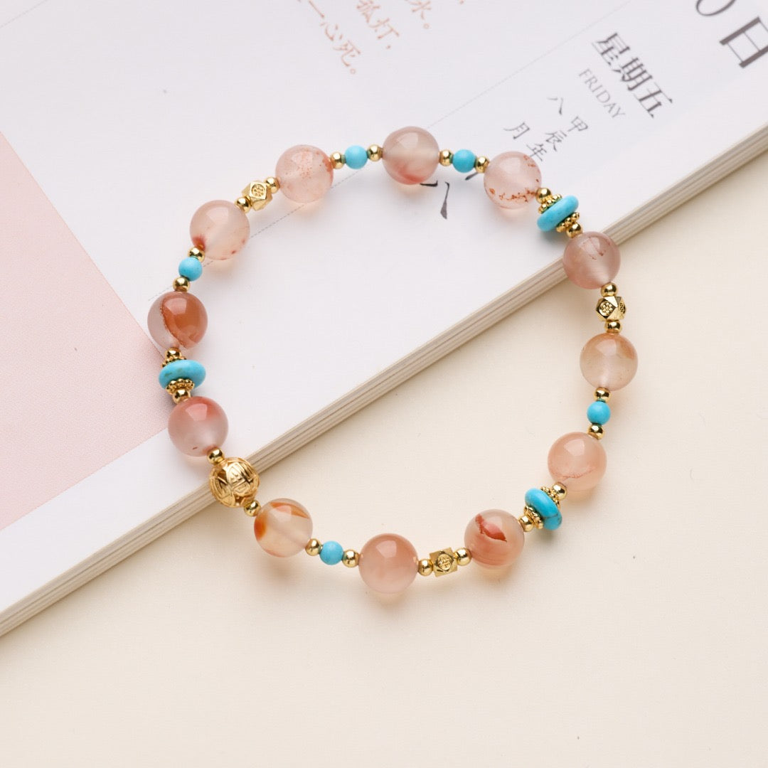 8mm Ice-Floating South Red Agate + Turquoise + Gold-Plated Copper Blessing Bead Bracelet