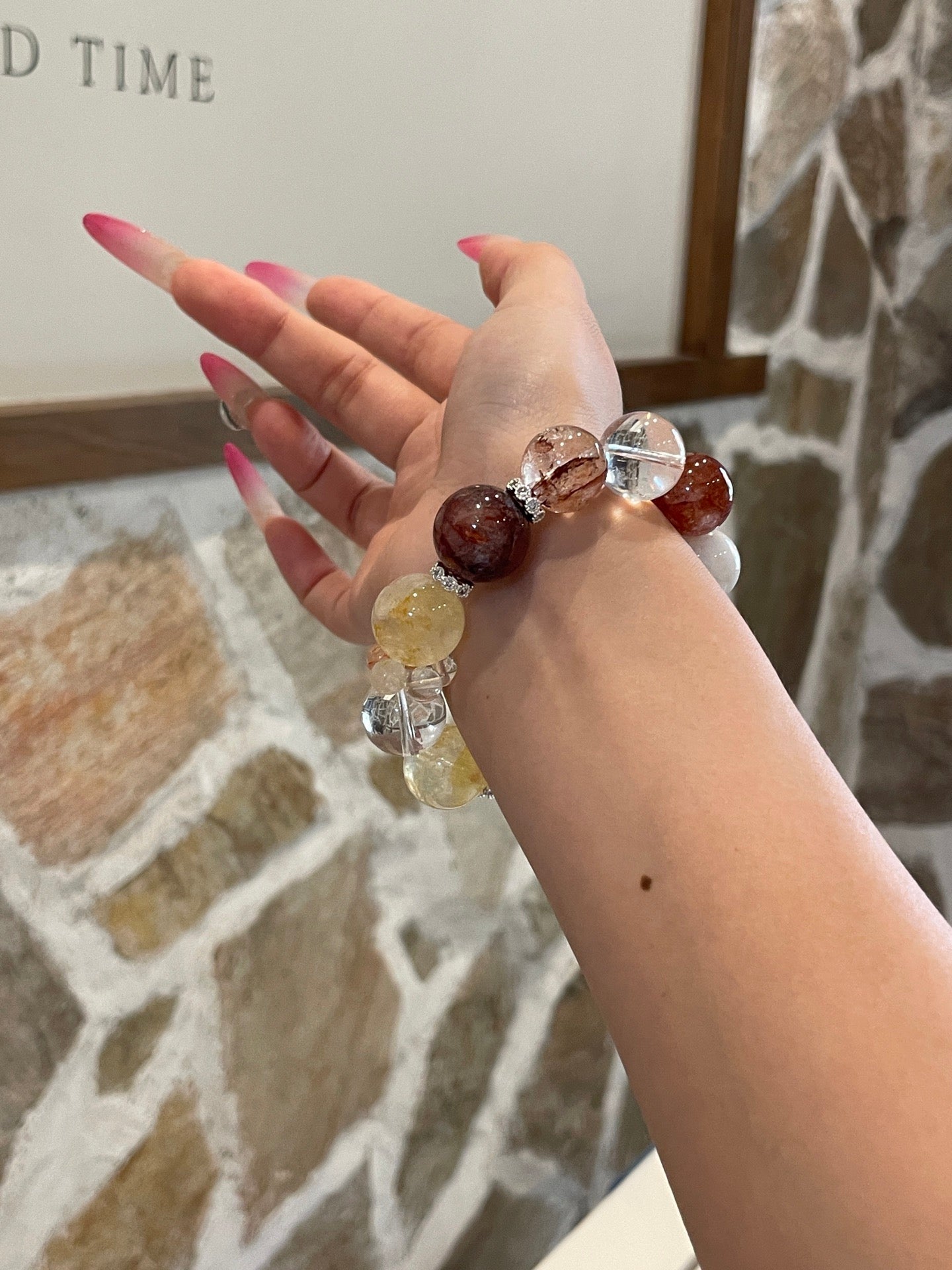 Sunset Glow Crystal Bracelet | Red & Yellow Agate Flower, Clear Quartz & Snow Phantom | 13–16mm