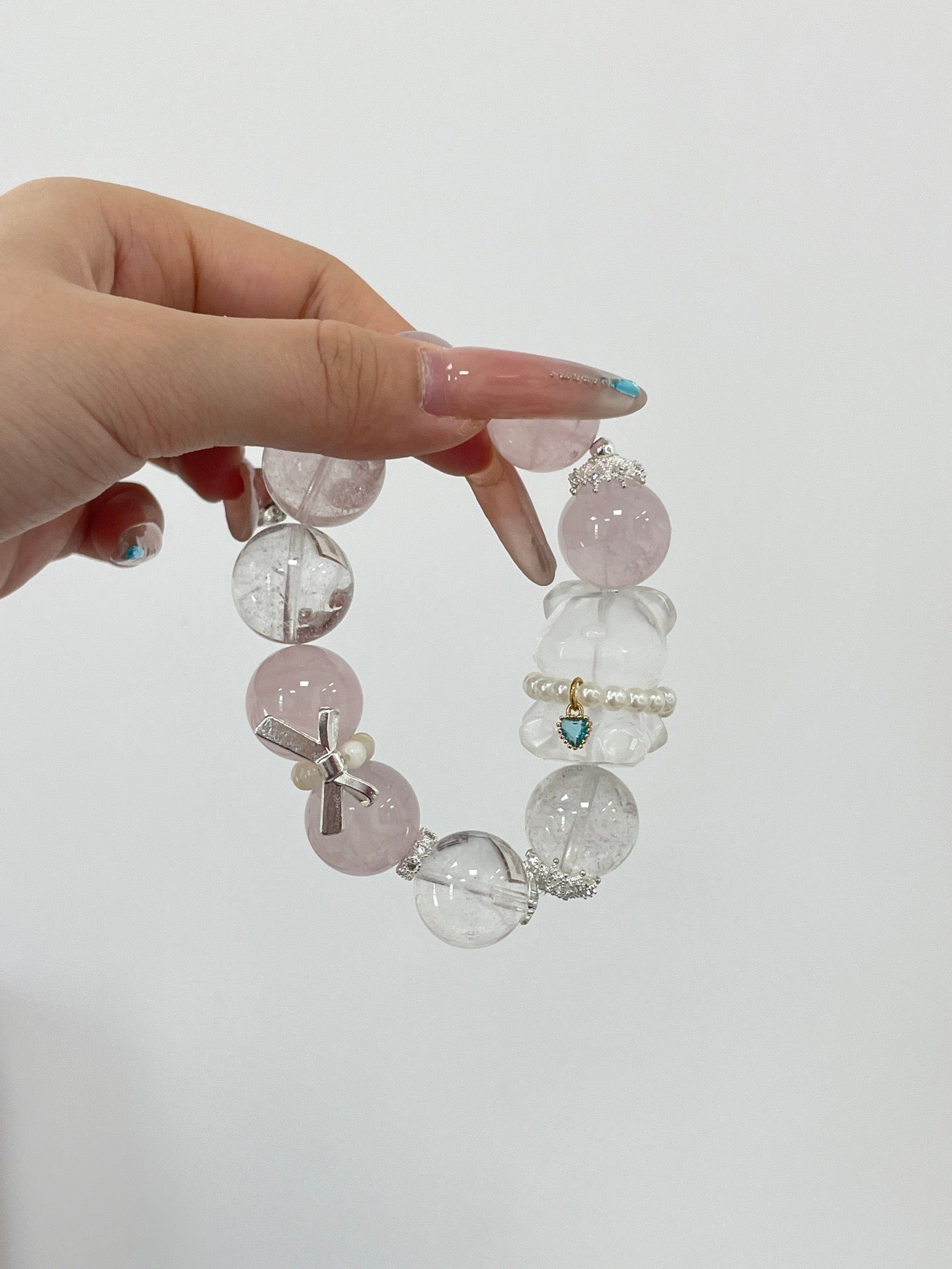 Sweetheart Bear Pendant | Rose Quartz & White Phantom Crystal | 17mm