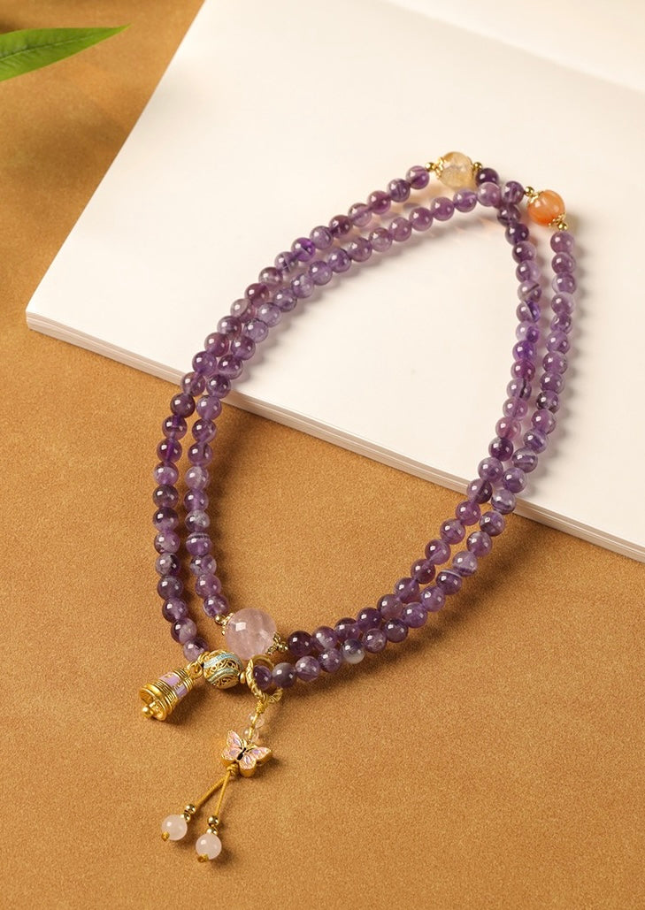 Amethyst Multi-Layer Necklace & Bracelet | Vintage Butterfly Pendant, Versatile Women’s Luxury Jewelry