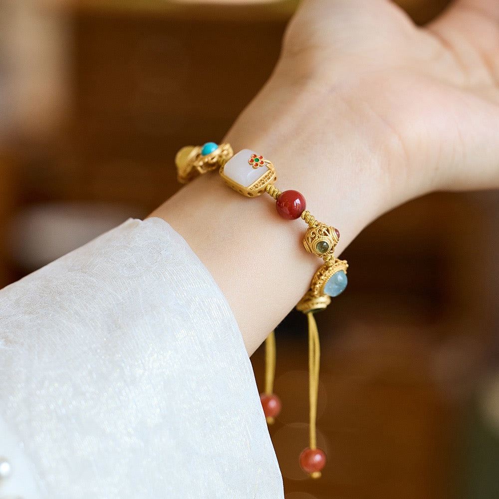 Multi-Gemstone Woven Bracelet | White Jade Flower Edition | Tourmaline, Aquamarine, Garnet & Amber with 925 Silver Charms