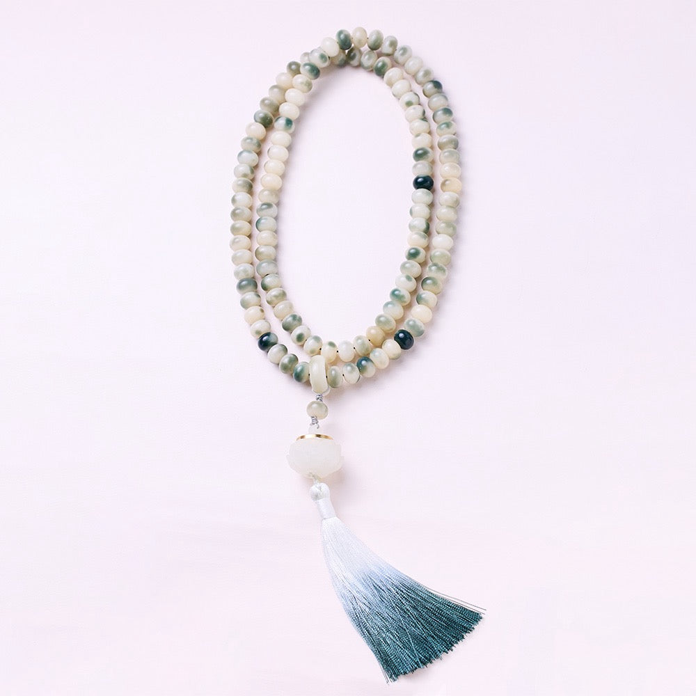 108-Bead White Jade Bodhi Necklace | Floral Pattern & Luminous Stone Lotus Charm