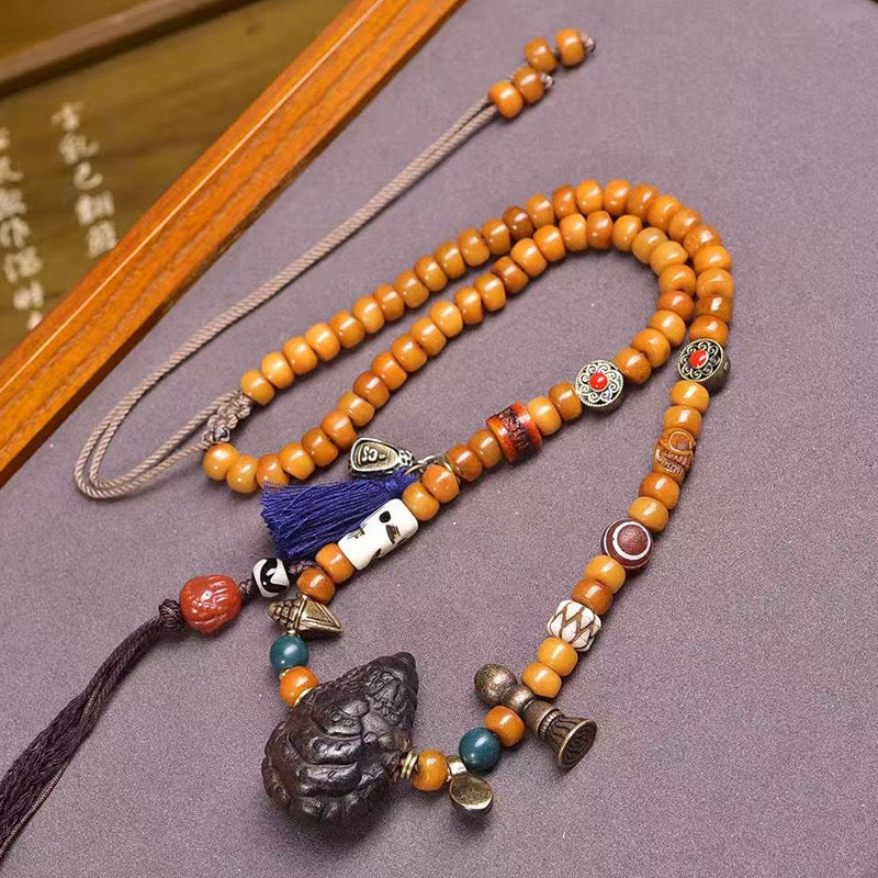 108 Tibetan Recycled Bone Mala Beads – Vintage Barrel Prayer Necklace with Tsa-Tsa & Gau Box Pendant