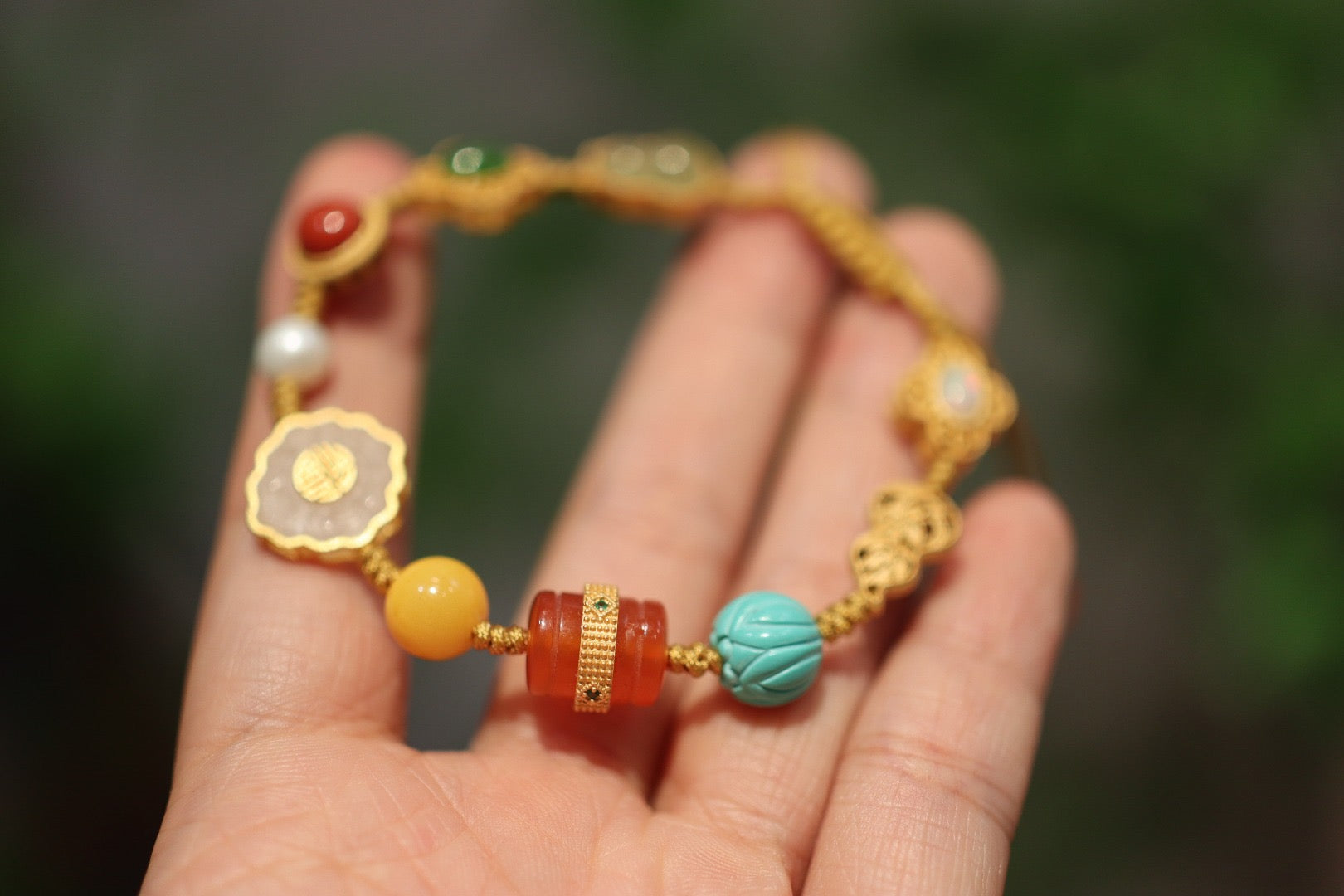 Multi-Gemstone Woven Bracelet | Baoshan Ice Red Agate, Jade, Pearl & Amber with 925 Silver Charms