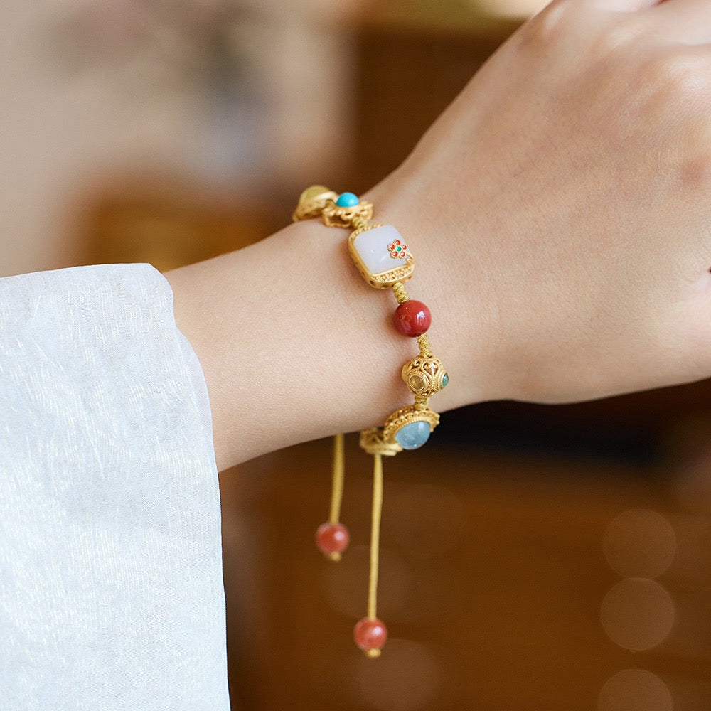 Multi-Gemstone Woven Bracelet | White Jade Flower Edition | Tourmaline, Aquamarine, Garnet & Amber with 925 Silver Charms