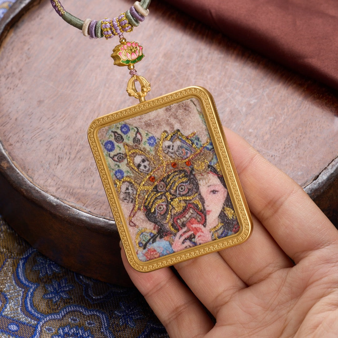 Titanium Frame Gemstone & Mineral Gold-Painted Thangka Necklace with Enamel Lotus (4x5mm, Handmade Cord)