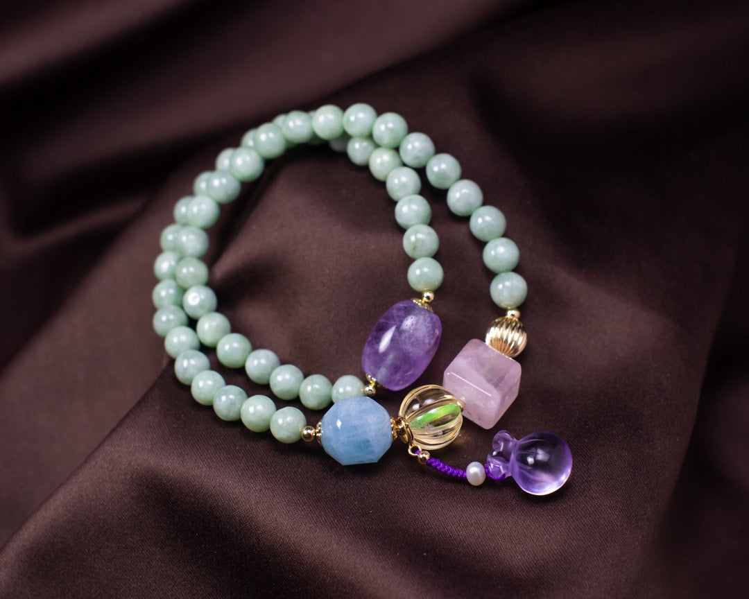 Multi-Gemstone & Jade Double-Layer Bracelet | Rose Quartz, Aquamarine, Citrine & Amethyst with Lucky Charm