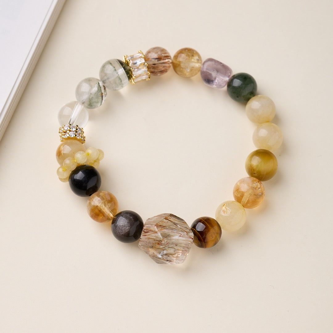 Chakra Energy Bracelet | Black Gold Super Seven & Multi-Crystal Beads with Rutilated Quartz