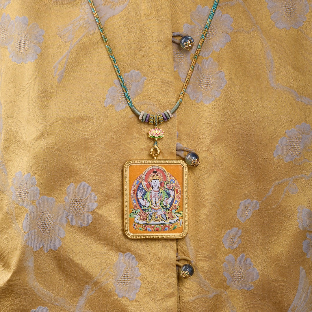 Titanium Frame Gemstone & Mineral Gold-Painted Thangka Necklace with Enamel Lotus (4x5mm, Handmade Cord)