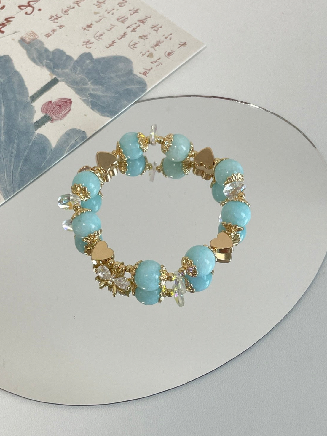 Aquamarine Chalcedony Bracelet | 10mm Beads with Zircon & 14K Gold Plated Copper