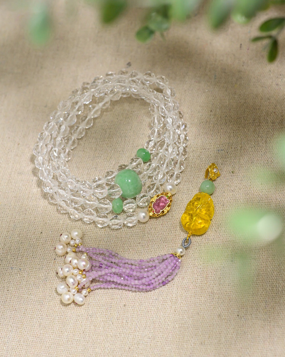 Natural White Crystal 108 Beads Necklace & Bracelet | 8mm Faceted Crystals with Jade Apple Bead, Amber Pixiu & Tassel
