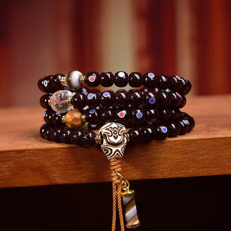 108 Natural Bodhi Mala Beads – Cinnabar Inlaid Star & Moon Beads bracelet necklace