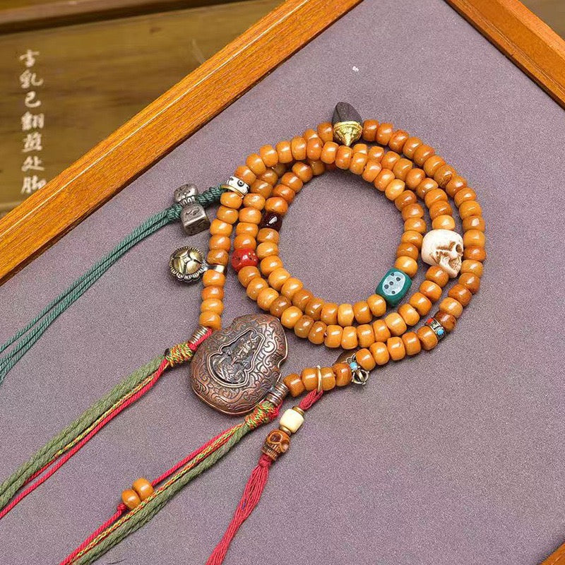 108 Tibetan Recycled Bone Mala Beads – Vintage Barrel Prayer Necklace with Tsa-Tsa & Gau Box Pendant