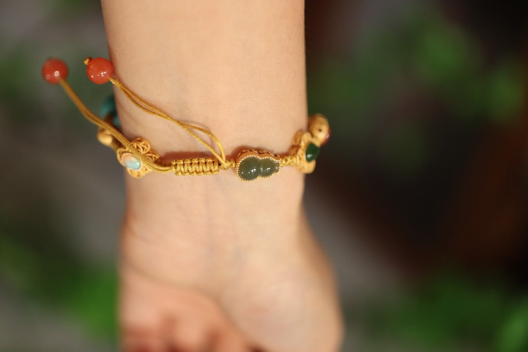 Multi-Gemstone Bracelet | Red Agate, Jade, Pearl & Amber with 925 Gold-Plated Charms