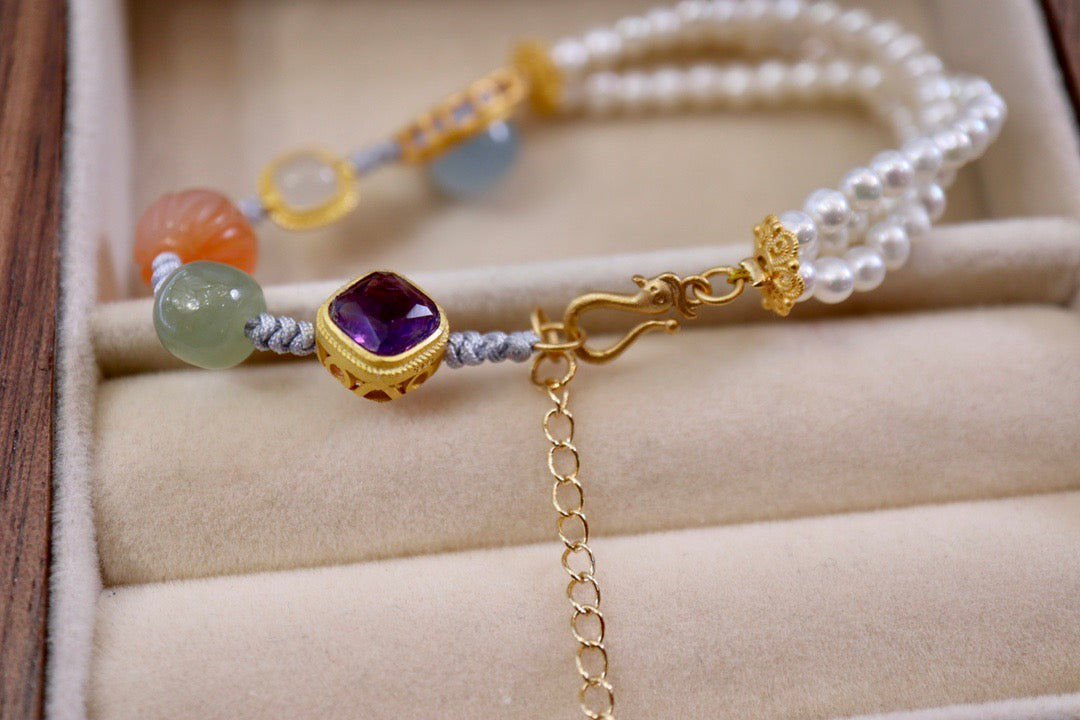 Multi-Gemstone Braided Bracelet | Freshwater Pearl, Aquamarine & Hetian Jade