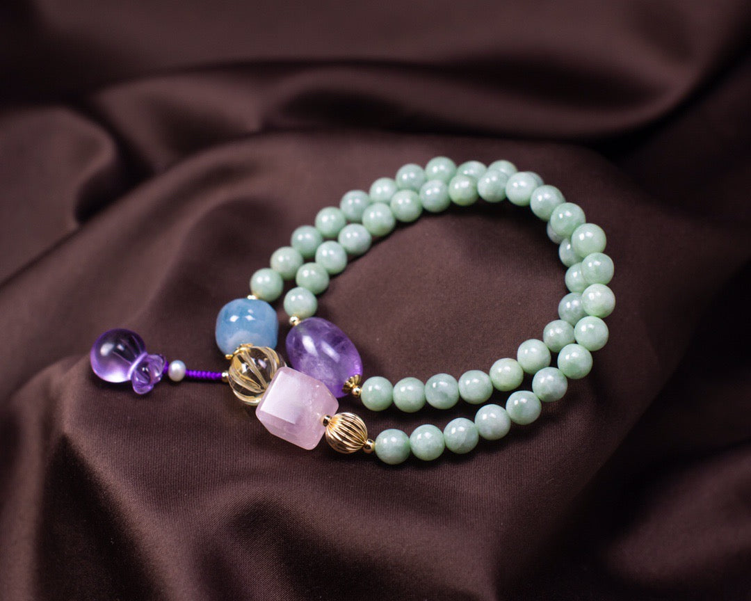 Multi-Gemstone & Jade Double-Layer Bracelet | Rose Quartz, Aquamarine, Citrine & Amethyst with Lucky Charm