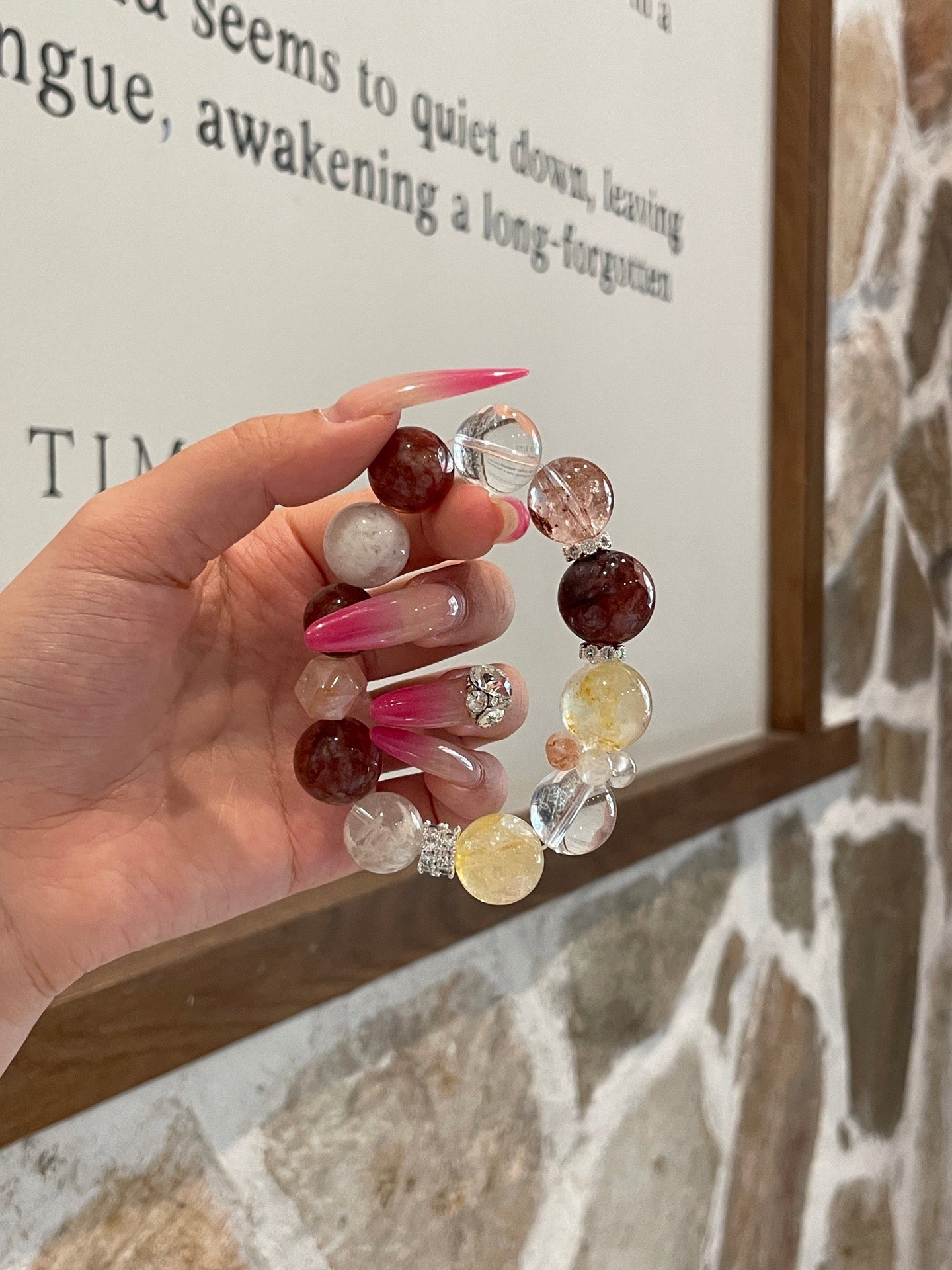 Sunset Glow Crystal Bracelet | Red & Yellow Agate Flower, Clear Quartz & Snow Phantom | 13–16mm