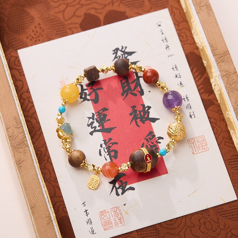 Multi-Gemstone Braided Bracelet | 925 Gold-Plated Silver, Amber, Turquoise & Carnelian