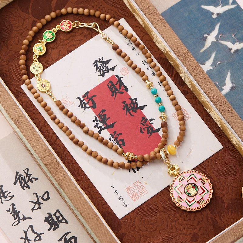 Handcrafted Sandalwood & Hetian Jade Mandala Necklace | Spiritual Thangka-Inspired Design