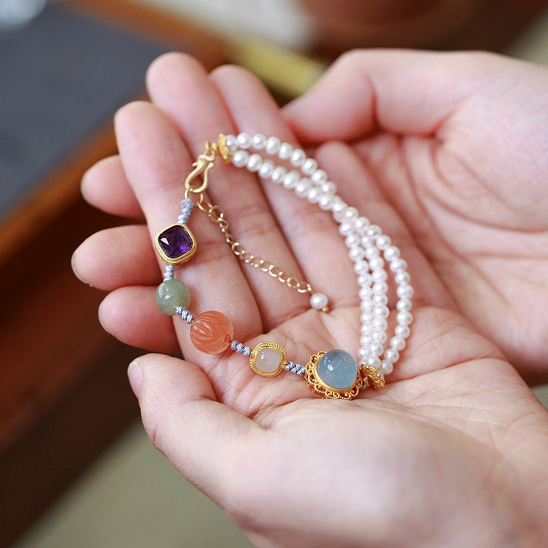 Multi-Gemstone Braided Bracelet | Freshwater Pearl, Aquamarine & Hetian Jade