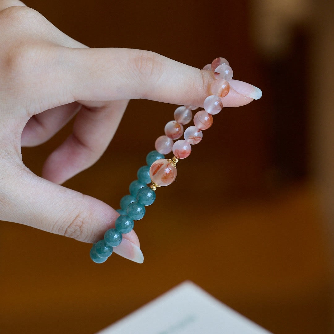 7mm Ice-Floating South Red Agate + Blue Water Jadeite Bracelet