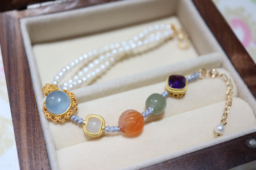Multi-Gemstone Braided Bracelet | Freshwater Pearl, Aquamarine & Hetian Jade
