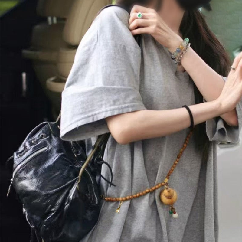 Sandalwood Phone Chain with Gourd, Lotus & Tassel | Lucky Fu Lu Shou Design (8mm Beads)