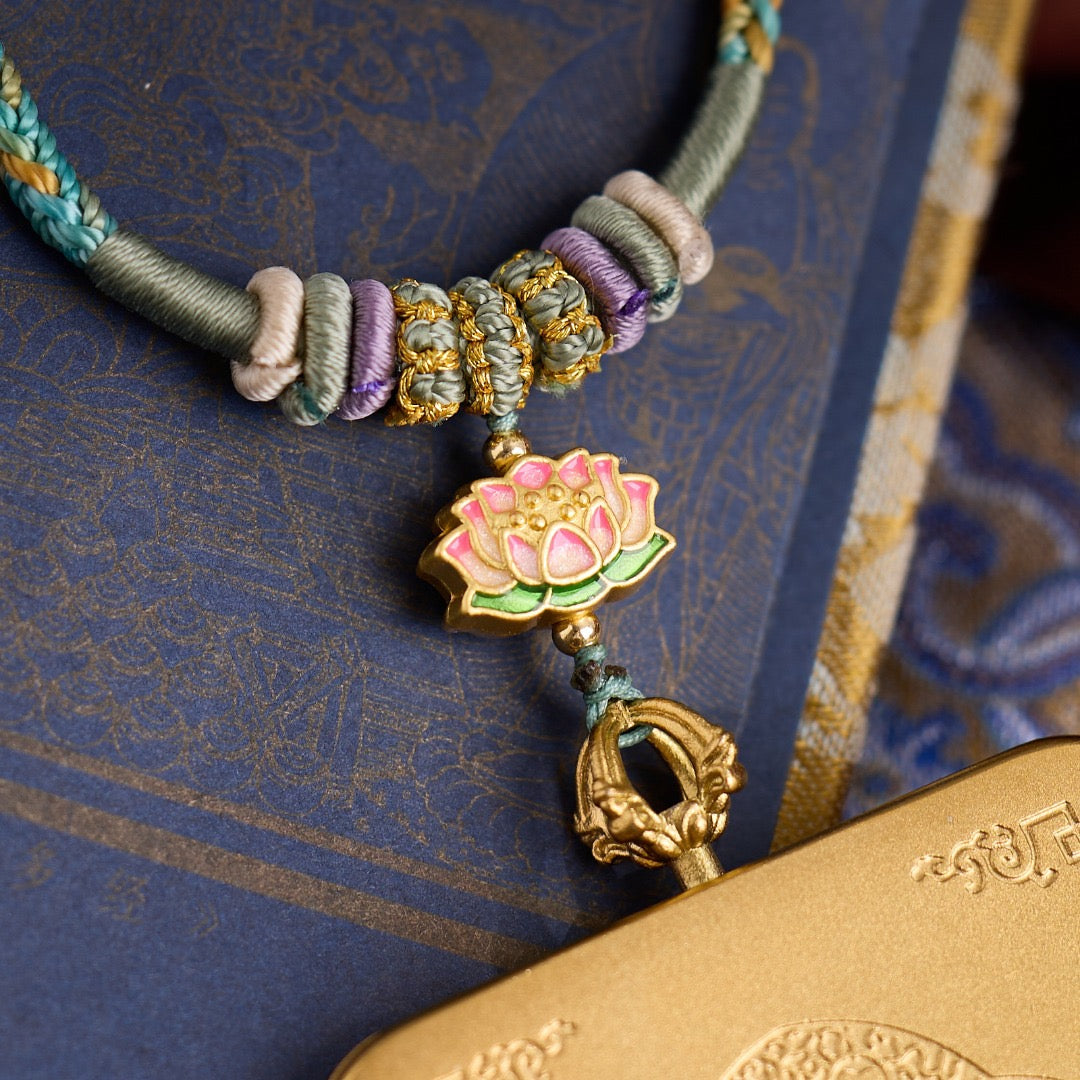 Titanium Frame Gemstone & Mineral Gold-Painted Thangka Necklace with Enamel Lotus (4x5mm, Handmade Cord)