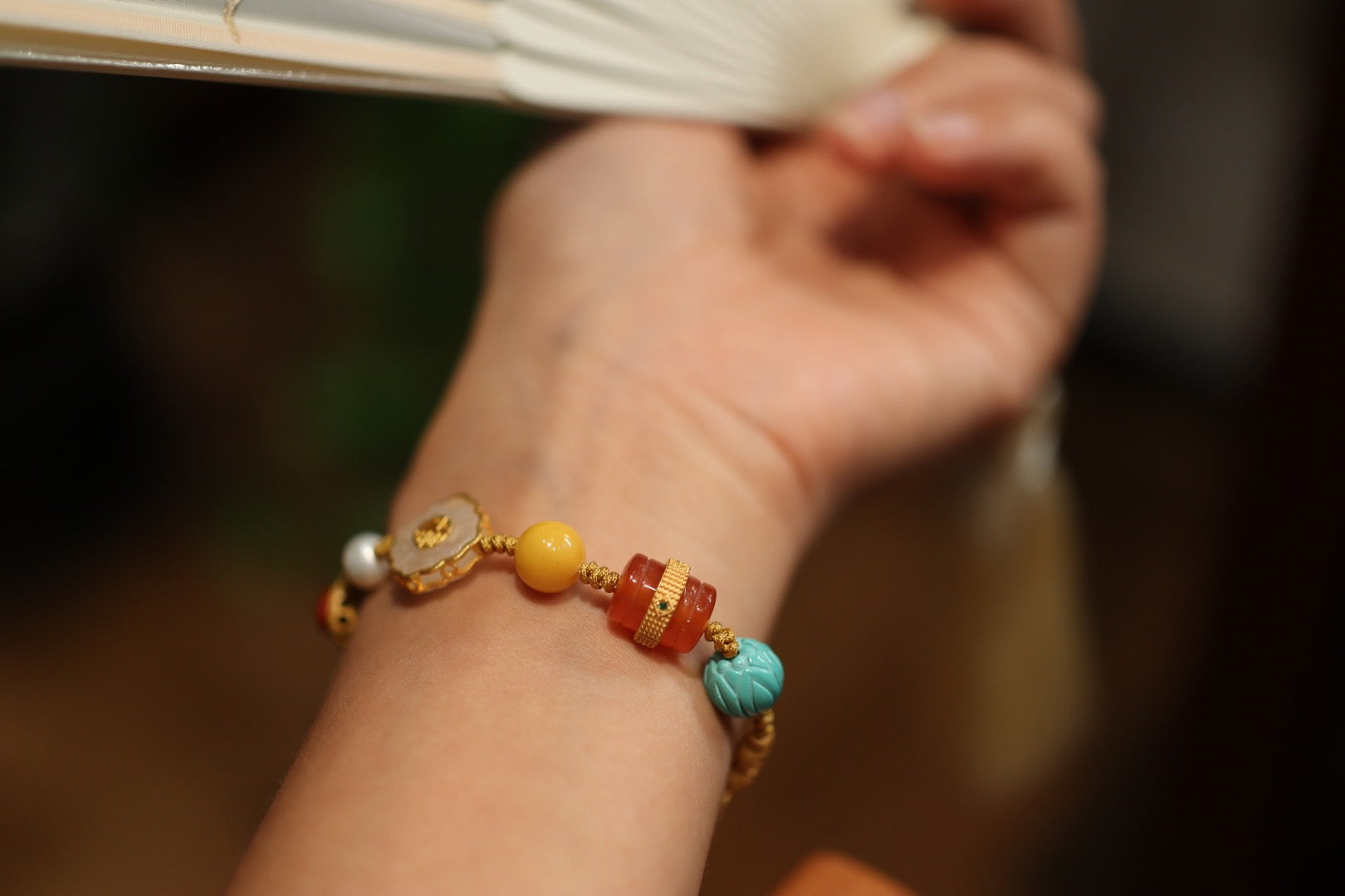 Multi-Gemstone Woven Bracelet | Baoshan Ice Red Agate, Jade, Pearl & Amber with 925 Silver Charms