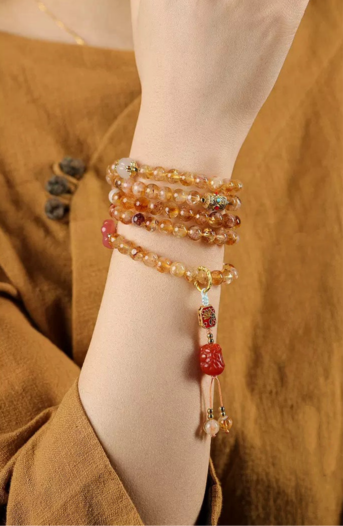 Citrine Multi-Layer Bracelet with Agate Pixiu & Plum Blossom Design