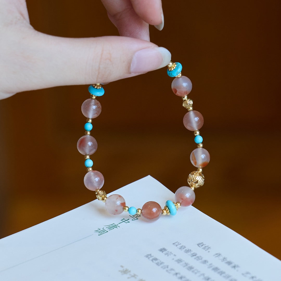 8mm Ice-Floating South Red Agate + Turquoise + Gold-Plated Copper Blessing Bead Bracelet