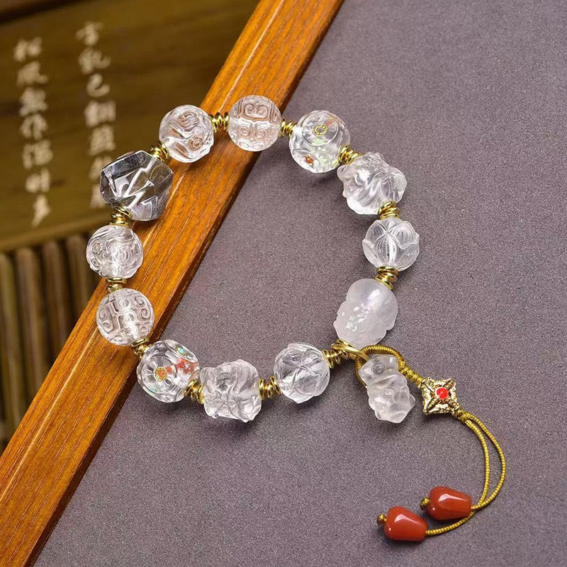 Natural Clear Quartz Bracelet for Women | Carved Beads with Vajra, Lion, Agate & Glass Accents – Multi-Gemstone Prayer Style