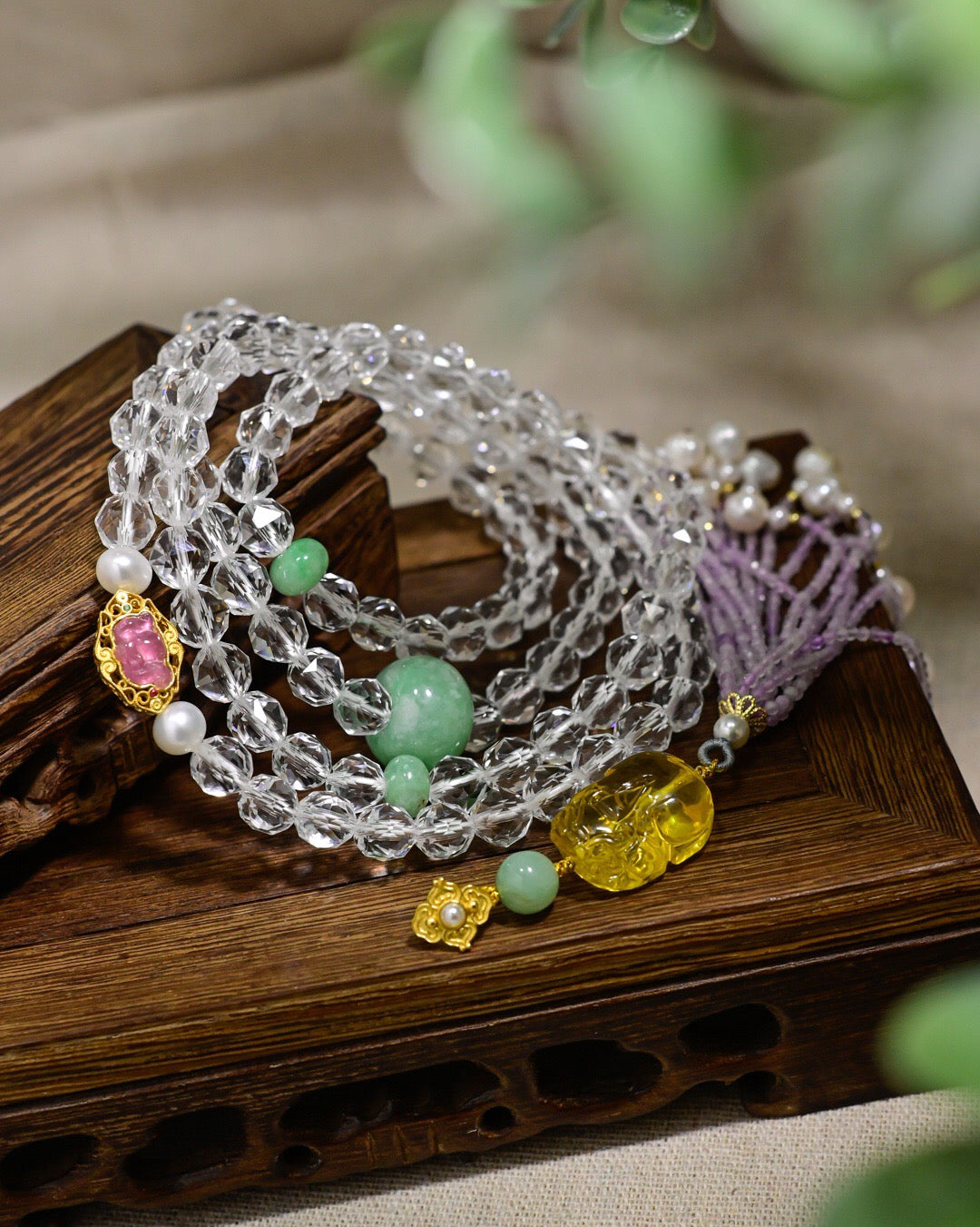 Natural White Crystal 108 Beads Necklace & Bracelet | 8mm Faceted Crystals with Jade Apple Bead, Amber Pixiu & Tassel