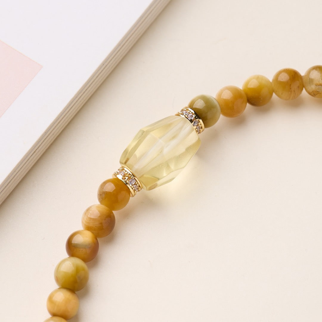 6mm White Crystal & Tiger Eye Double-Layer Bracelet | Gourd or Faceted Citrine Design