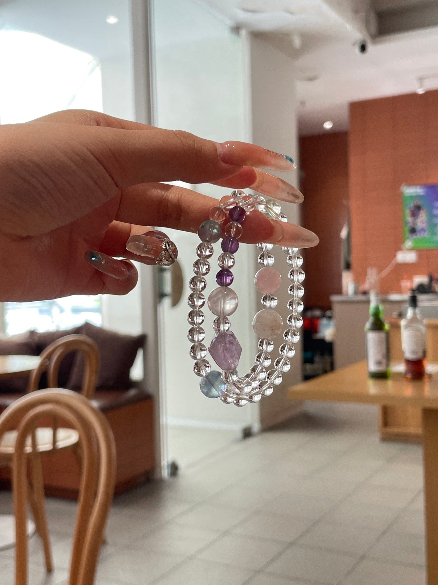 Snow Sakura Crystal Bracelet | Amethyst, Fluorite, Rose Quartz & Aquamarine | 6–12mm Beads