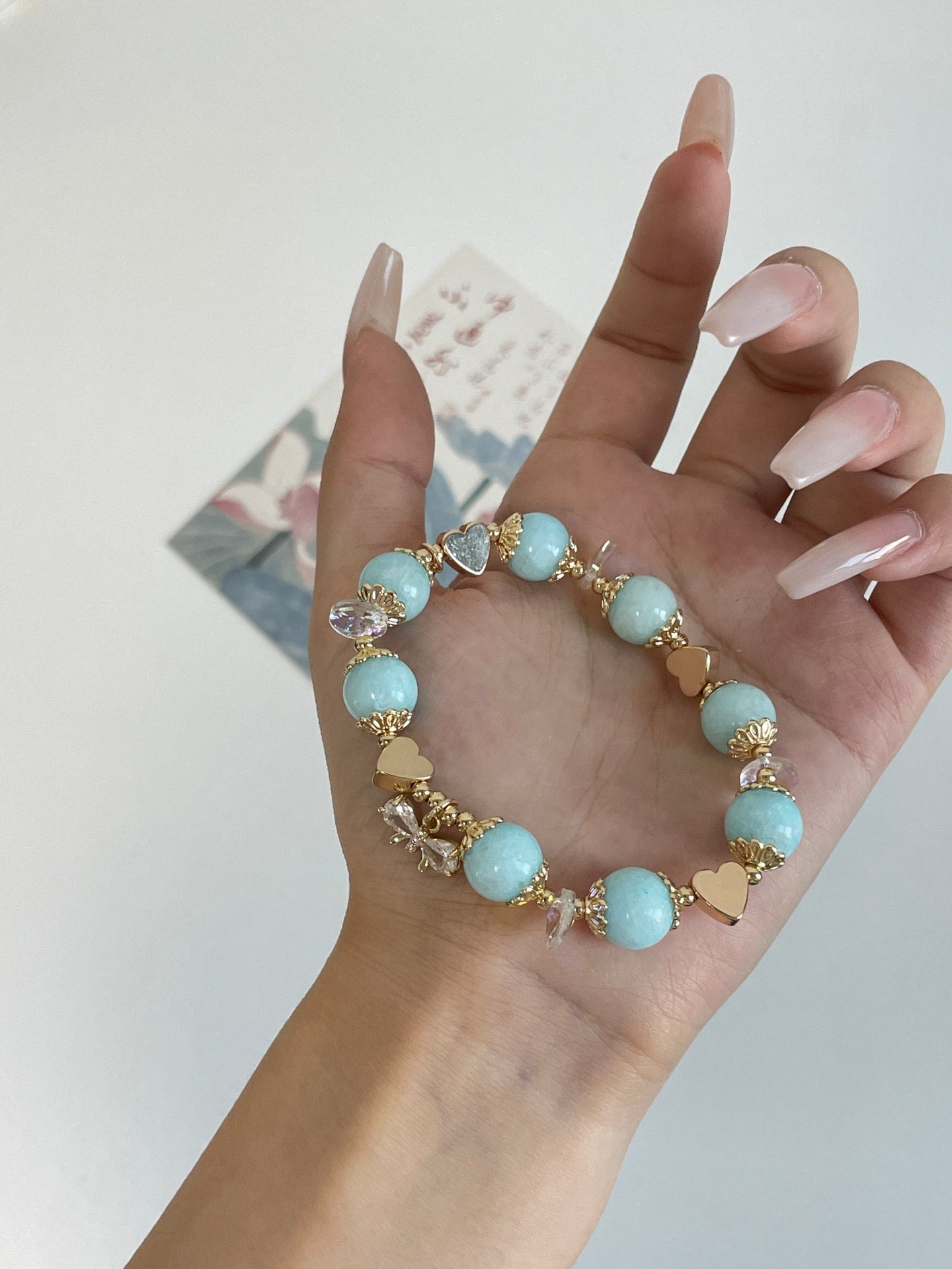 Aquamarine Chalcedony Bracelet | 10mm Beads with Zircon & 14K Gold Plated Copper