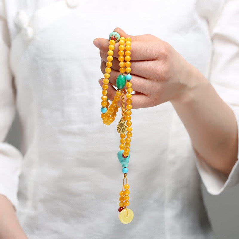 Natural Baltic Amber Beeswax 108 Beads Bracelet & Necklace | Multi-Layer Raw Old Wax Mala Prayer Beads Jewelry